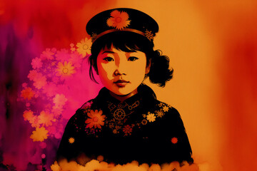 An illustration of A little asian girl. Playing. Silhouette. Watercolor paint. Generative AI