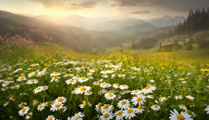 Beautiful summer spring mountain scenery with a clearing of daisies in the foreground. Natural...