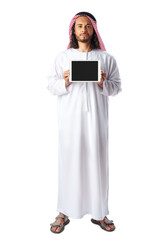 Young Arab man in traditional dress thobe showing digital tablet with black screen on white background