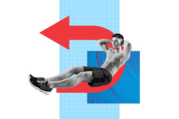 Horizontal picture photo collage of young masculine sportsman do exercise on abs training shaping...