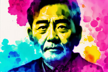 An illustration of An old asian man. Silhouette. Watercolor paint. Generative AI
