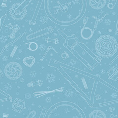 Vector Christmas seamless texture made of individual parts of a bicycle and snowflakes. Blue background. 