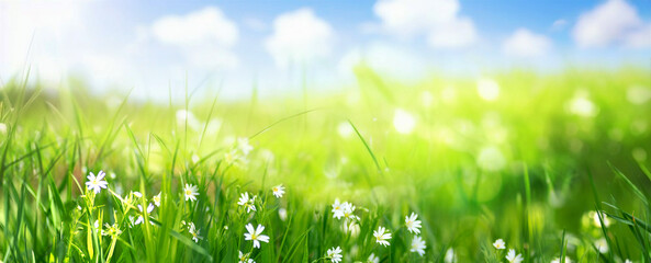 Beautiful panoramic natural spring summer background image with young green lush grass with small...