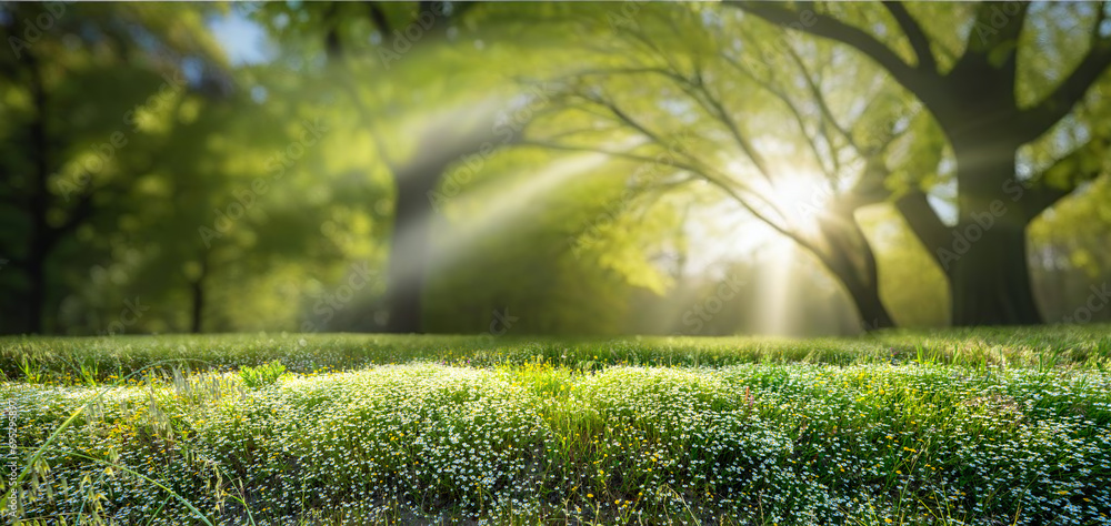 Poster beautiful spring landscape with a lawn of young lush grass against the background of defocused trees