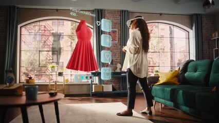 Black Woman Using Virtual Reality Headset for Online Shopping, Browsing through Stylish Dresses and Clothing items. Ordering from Mock-up Internet Store App for e-Commerce products. Augmented Reality - Powered by Adobe