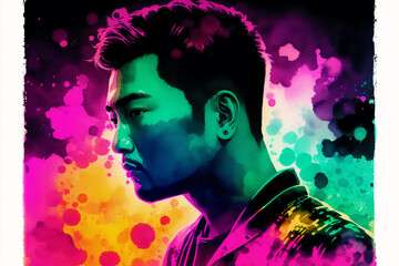 An illustration of a young asian man. Silhouette. Watercolor paint. Generative AI
