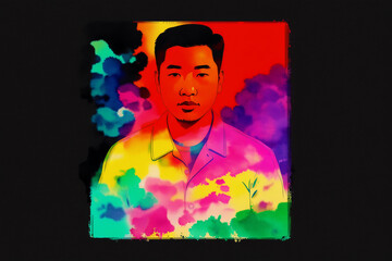 An illustration of a young asian man. Silhouette. Watercolor paint. Generative AI