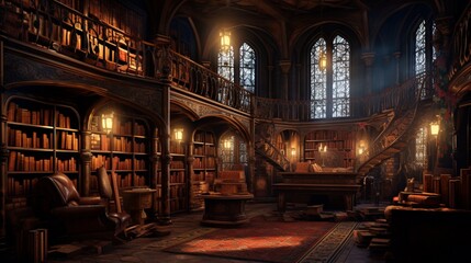 Fototapeta na wymiar an ancient library filled with weathered, leather-bound books stacked in wooden shelves. The room is dimly lit by antique lamps casting warm, soft light. 