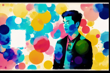 An illustration of a young asian man. Silhouette. Watercolor paint. Generative AI