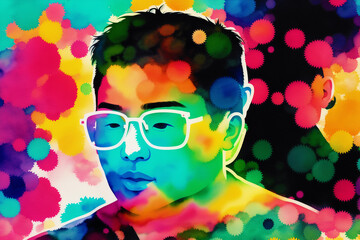 An illustration of a young asian man. Silhouette. Watercolor paint. Generative AI