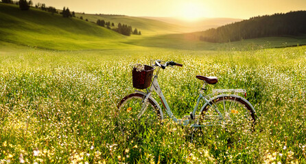 Natural beautiful spring summer mountain landscape with a bicycle in the lush tall grass in the rays of the sun at sunrise or sunset.