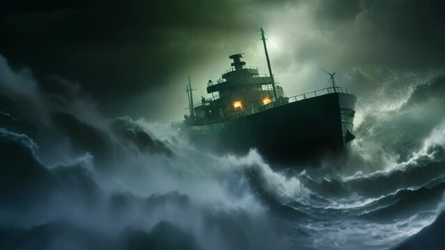 Fishing boat in a stormy sea waves with huge waves animation