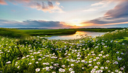 Beautiful summer spring natural landscape with lake and wildflowers at sunset.