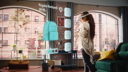 Black Woman Using Virtual Reality Headset for Online Shopping, Browsing through Stylish Handbags items. Ordering from Mock-up Internet Store App for e-Commerce products. Augmented Reality