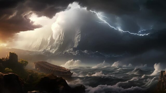 Noah's ark on the sea in heavy storm bible animation