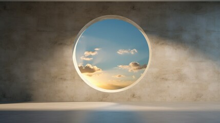 Empty room with concrete wall and floor and round window with blue sunny sky and clouds