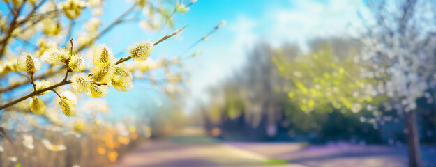 Defocused spring landscape. Beautiful nature with flowering willow branches and a road against a background of blue sky with clouds and a blooming garden, soft focus. Ultra-wide format. - obrazy, fototapety, plakaty