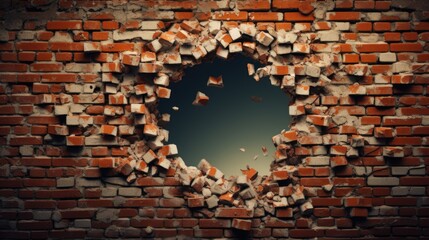 Hole on a broken brick wall background - obrazy, fototapety, plakaty