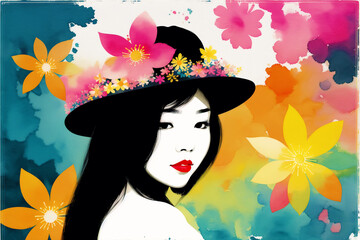 An illustration of a young asian woman. Silhouette. Watercolor paint. Generative AI