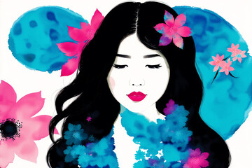 An illustration of a young asian woman. Silhouette. Watercolor paint. Generative AI