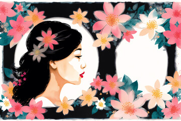 An illustration of a young asian woman. Silhouette. Watercolor paint. Generative AI