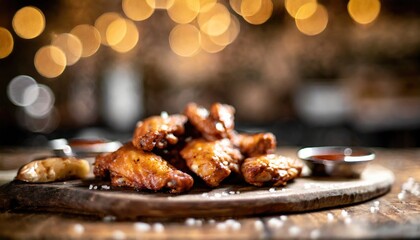 Copy Space image of Grilled chicken wings with sauces on a wooden board. Traditional baked bbq buffalo wing on bokeh background.