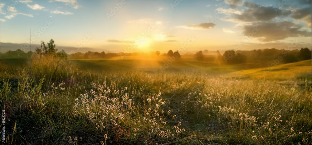 Wall mural beautiful natural panoramic countryside landscape. blooming wild high grass in nature at sunset warm