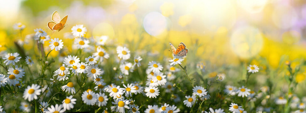 Sunlit field of daisies with fluttering butterflies. Chamomile flowers on a summer meadow in nature, panoramic landscape.