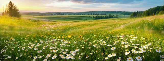 Photo sur Plexiglas Prairie, marais Beautiful spring and summer natural panoramic pastoral landscape with blooming field of daisies in the grass in the hilly countryside.