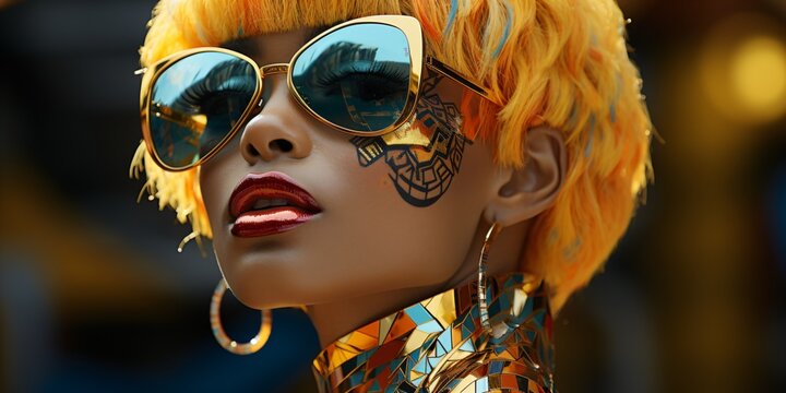 futuristic punk woman with crazy hairstyle and sunglasses