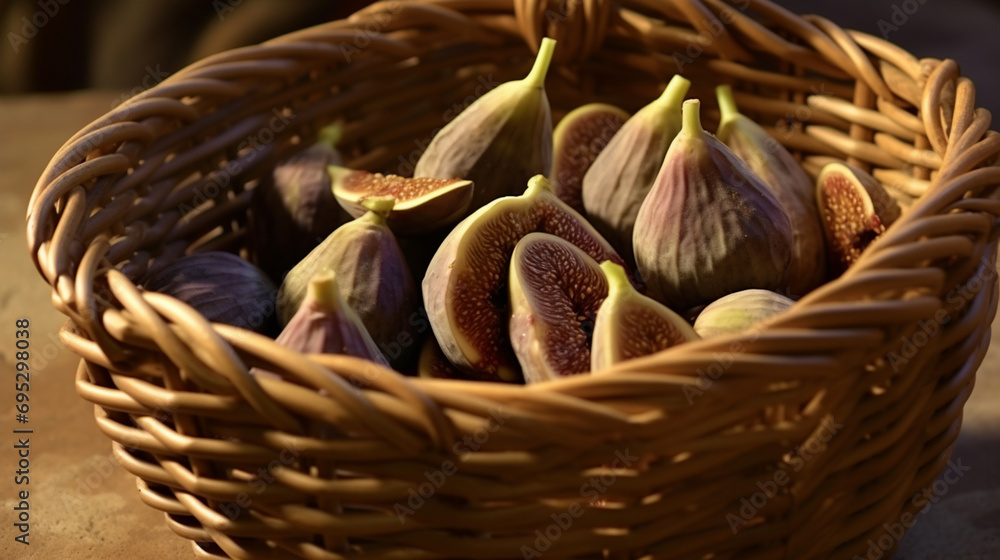 Wall mural dried figs are poured into the basket. dried figs in glass bowl on a wooden background generative ai