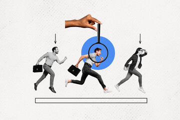 Creative collage photo poster banner three running person businesspeople magnifying loop arm time...