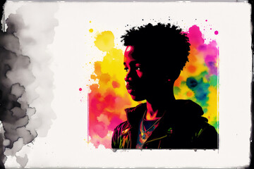 Black History month. An illustration of a little black boy. Silhouette. Watercolor paint. Generative AI