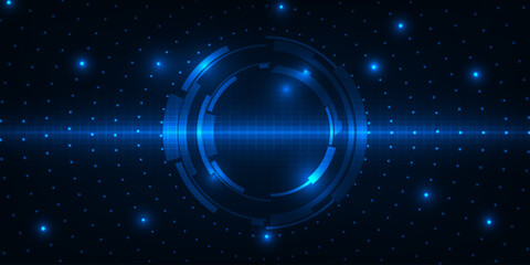 Vector illustration of futuristic digital technology background with circle tech head up display,grid field and circuits network panel for advertising and game graphic 