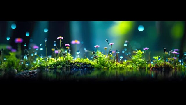 Filigrane Blumen an einem See im Wald. Regentropfen &uuml;ber einem Waldteich  