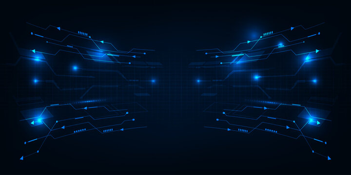 Vector illustration of digital horizontal empty space with digital glowing element grid line and circuit for advertising and game artwork background.
