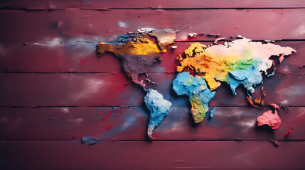 Colorful world map on purple background. Concept of recycling, ecology and global environment