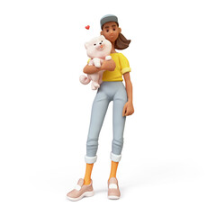 Cute positive excited smiling brazilian black girl in fashion casual clothes blue jeans, yellow t-shirt holds large fluffy white playful puppy with one hand under arm. 3d render isolated transparent.