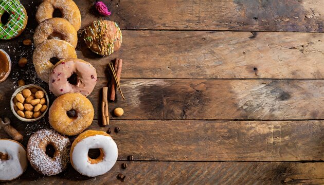 Copy Space image of Variety of donuts over a rustic background shot from overhead