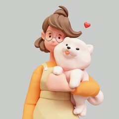 Portrait of cute kawaii positive excited smiling asian active girl wears fashion casual clothes overalls, orange t-shirt holds large fluffy white playful puppy with one hand under her arm. 3d render.