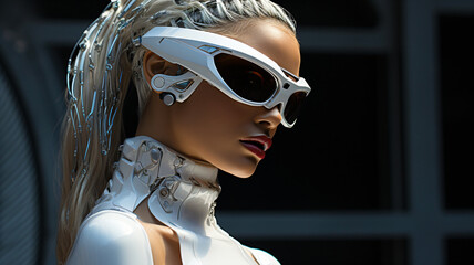 futuristic  white woman with crazy sunglasses