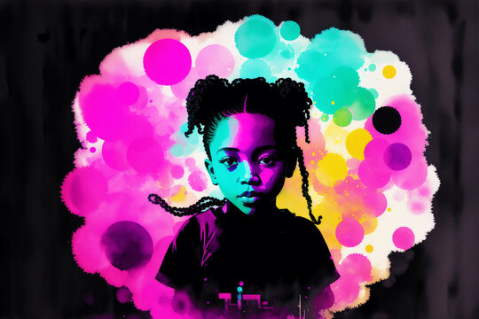 Black History month. An illustration of a little black girl. Silhouette. Watercolor paint. Generative AI