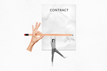 Horizontal funny photo collage of crazy girl hang on giant hand hold pencil going to sign contract...