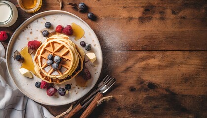 Obraz na płótnie Canvas Copy Space image of Freshly made belgian waffles with honey flows and powdered sugar.