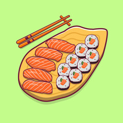 Shake sushi and sashimi on the wooden plate vector illustration. For book cover, banner, book menu, sticker with green background