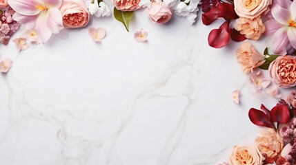 Fototapeta na wymiar Frame of flowers on white marble background
