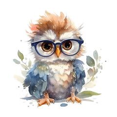 Fototapeta premium Cute cartoon watercolor owl with flowers on a transparent background