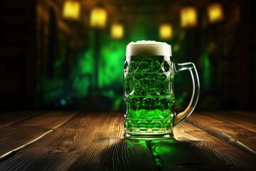 Festival drink beer. A mug of foamy green beer on a wooden table. Traditional hop flavor. St. Patrick's Day celebration concept, alcoholic drinks, Irish holiday.