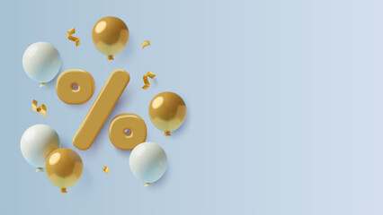 3D sale and discount background with copy space. Big golden percent sign, white and gold helium balloons, flying confetti. Holiday banner for special offer. Three dimensional vector illustration.