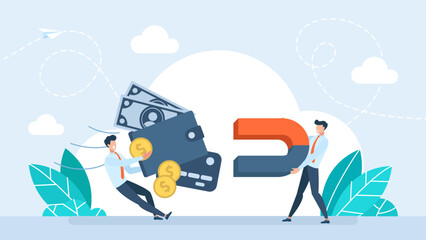 Businessman holding large magnet and attract money form partnership. Money magnet, power to attract business opportunity and earn more profit or increase wealth. Attract, Scam. Vector illustration